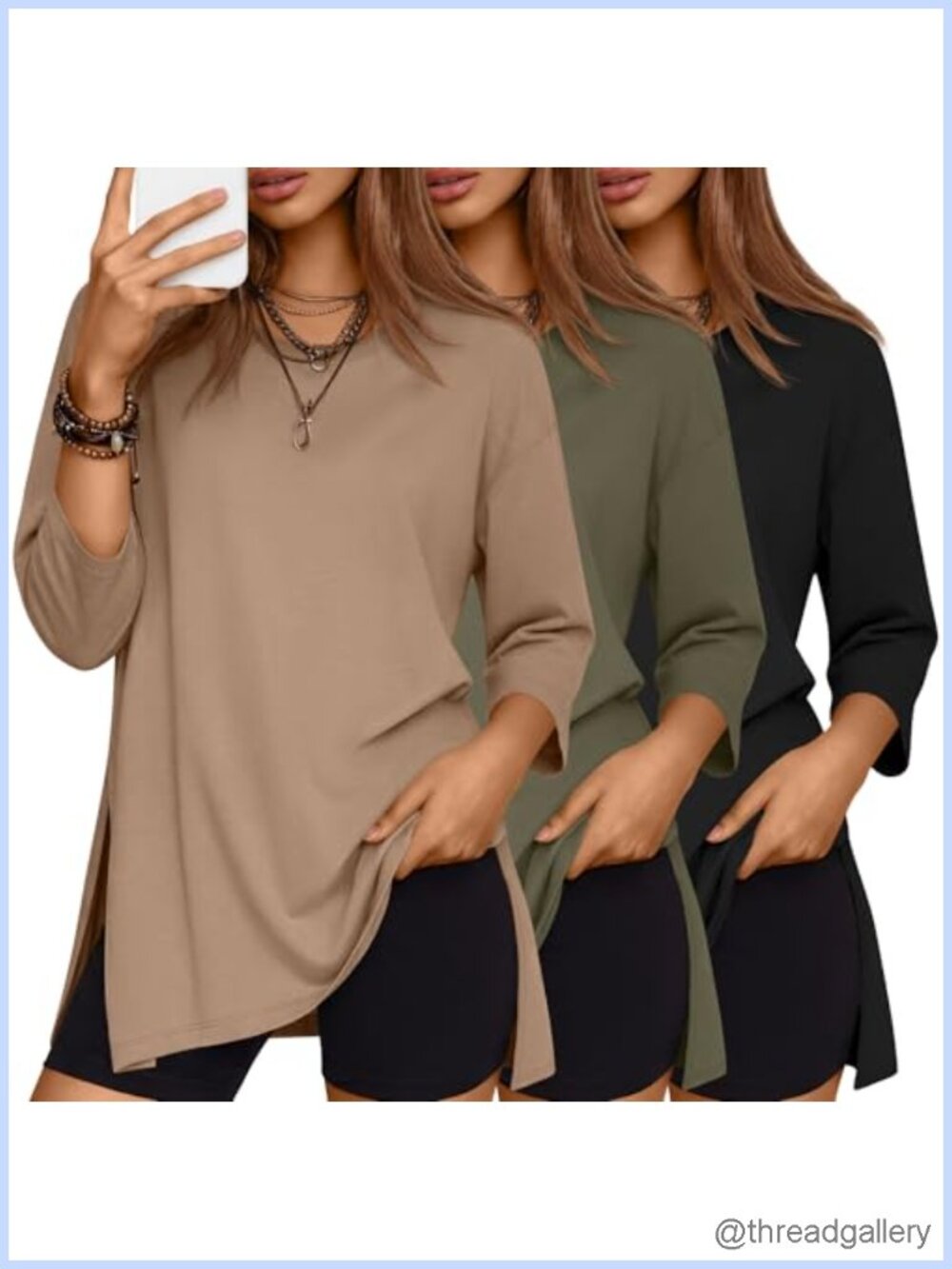 Oversized Workout T-Shirts 3/4 Sleeve Crew Neck Side Split Casual Tops